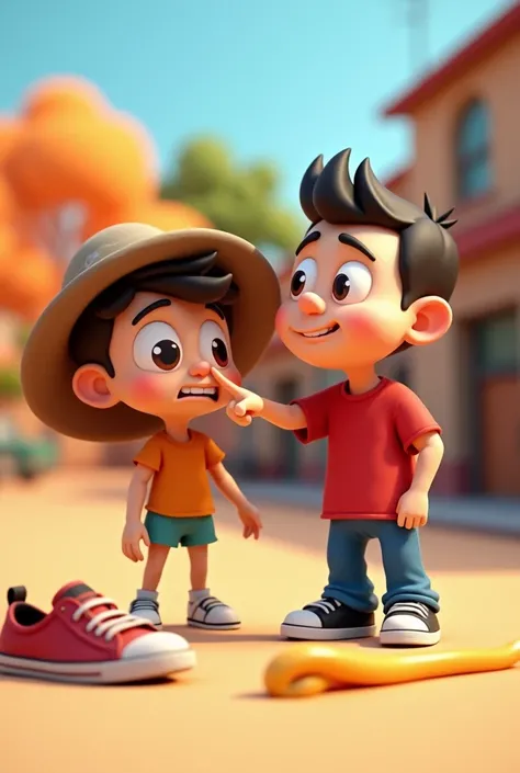 A normal 3d cartoon character with a medium build, slightly exaggerated round face, large expressive eyes, and a confident posture. He wears a simple red t-shirt, blue jeans, and sneakers. His expressions are always over-the-top, and his hair is short and ...