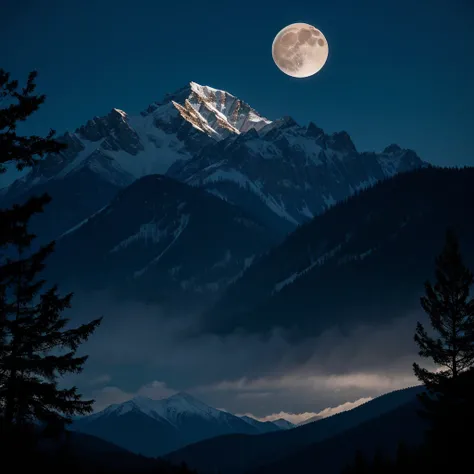 A full moon at night，Shining in the silhouette of the woods，There are mountains and lakes in the distance