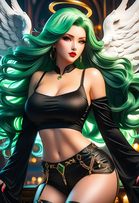 in a mesmerizingly portrayal, thick women busty, a glam-goth goddess angel her age 28, clean skin,emerald hair, midriff, trendin...