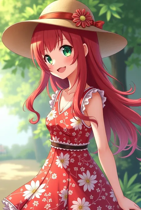 Anime Girl with straight long red hair with emerald green eyes wearing a floral knee length dress with red and white colours and wearing a picnic style hat smiling and having fun profile picture 