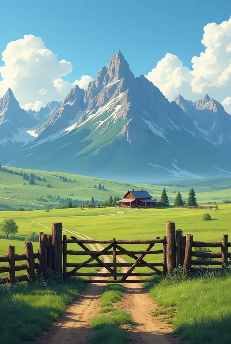 Montana unfolds with a vast expanse of lush, green fields stretching endlessly to the horizon. A sturdy wooden gate and a long, weathered fence mark the entrance to a rustic ranch, nestled far in the distance. Beyond, a majestic mountain range rises agains...