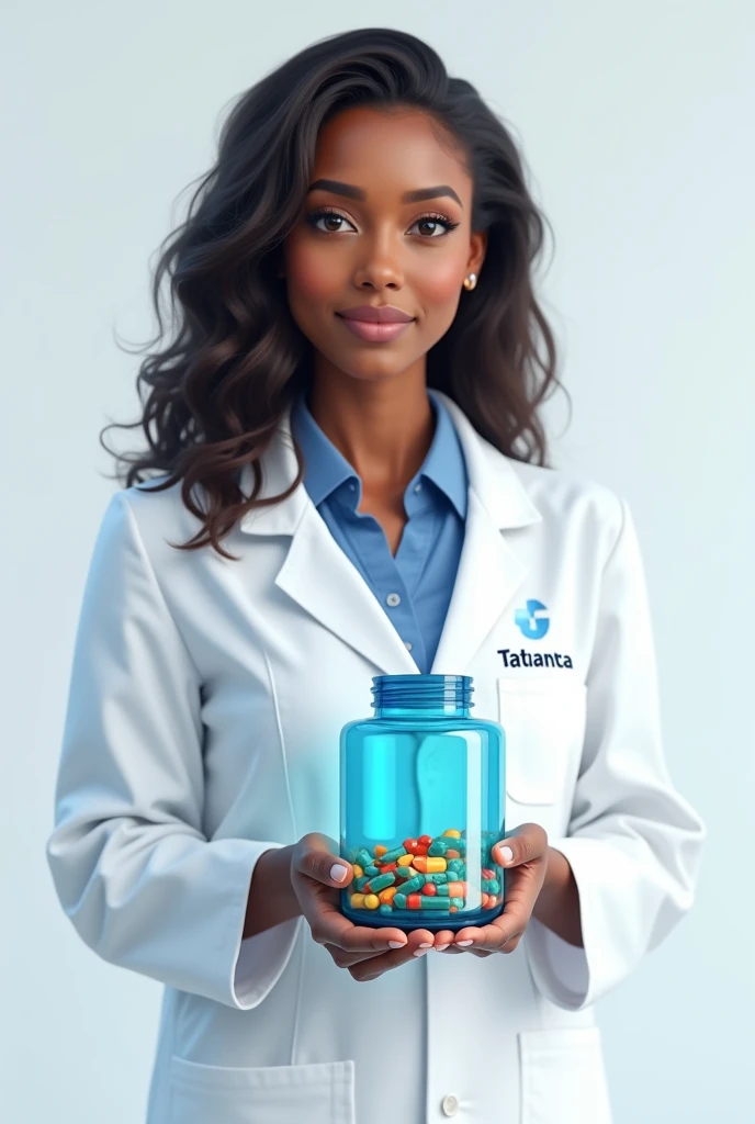 A brown woman in a white coat with the words Tatiana and ozenpharma written on it, holding a blue jar of capsules 