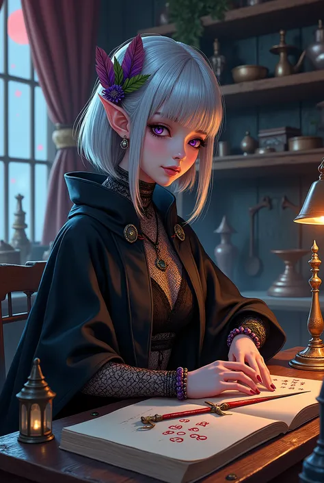 (Ultra-detailed face, looking away, Fantasy Illustration with Gothic, Ukiyo-e, Comic Art, dark tone colors), 
BREAK 
(This is a world with a mixture of medieval Japanese and fantasy style. A store specializing in magical items. At midnight, a small red moo...