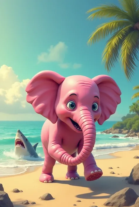 a pink elephant without two legs lying on the beach and trying to escape from a shark 