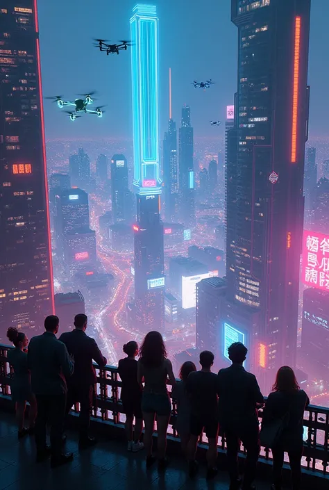 People huddled on the terrace of a futuristic tower, gazing at a city below them completely lit up by neon lights, as advertising drones fly between buildings, announcing cyber products and improvements