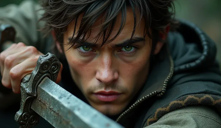 Close-up of young man with green eyes and brunette hair wielding an ancient sword, his face set in determination as he fights.