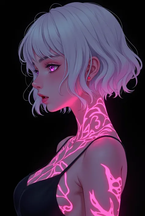 (1 young woman ),(Masterpiece, Top Quality, Best Quality, Official Art, Aesthetic:1.2),(empty eyes deep light purple color:1.4),(Fragile and languid atmosphere:1.2),parted_lips,(Fluorescent pink tattoo on neck and arms:1.4),looking away,Short hair with sli...