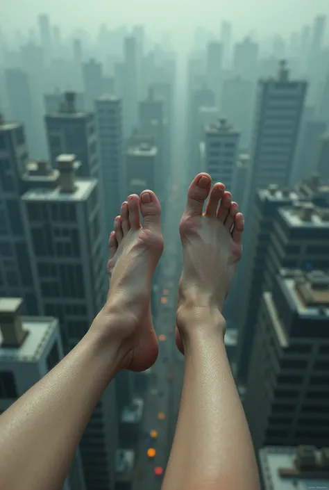 The image of the feet standing high on the roof is falling down like its about to fall down like a real thing