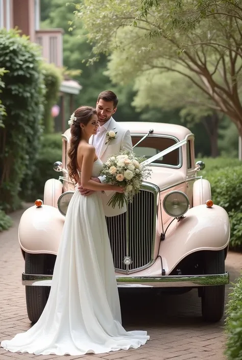 Très belle voiture ancienne de couleur blanche et rose pâle décorer pour un mariage avec devant le marier et la marier avec une belle robe de mariage blanche 