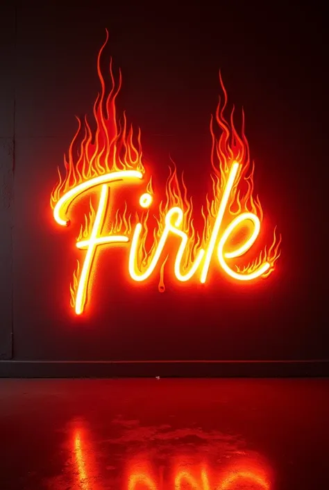 Create a neon art in a wall and letter FIRE FLAME 