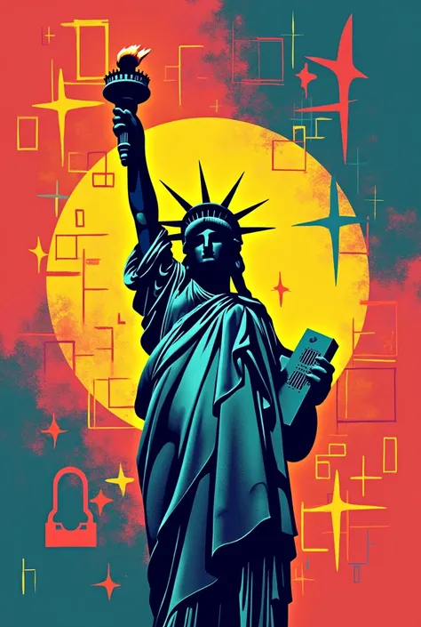  the screen this programming code and last and foremost, the statue of liberty, Put these three things together in a pop art drawing