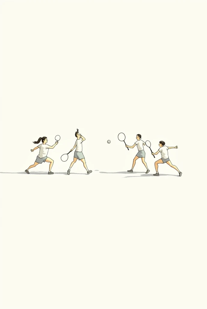 Sketch the figure of 4 women playing badminton together without too many human lines