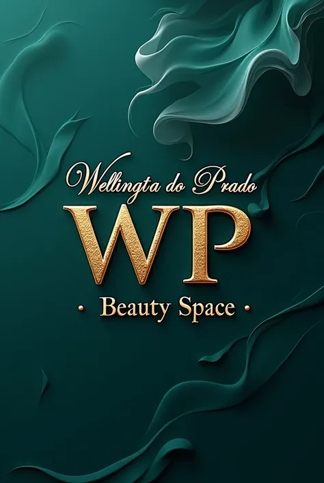 Create a logo design that conveys sophistication and elegance with initials "WP"  golden with lots of shine, it&#39;s the name "Wellingta Prado " written in a delicate cursive handwriting, above the initials. The background features an abstract teal patter...