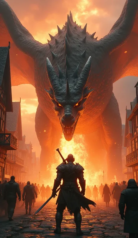 

A fierce battle scene in the heart of Whiterun, as a Dragonborn faces off against a towering dragon. The streets are ablaze, and townspeople scatter as the Dragonborn draws their sword, fire and destruction surrounding them. The dragons scales glisten in...