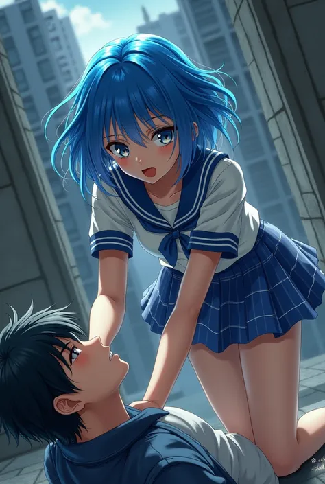 Teenage Anime Girl with Blue hair in a Blue plaid Skirt and a schoolgirl short sleeve shirt killed a Teenage boy in a jacket and blue jeans 