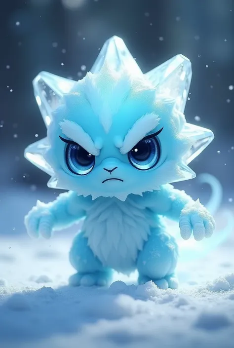 Frosty, made up of clear ice, cute face, small, badass, angry, ice powers