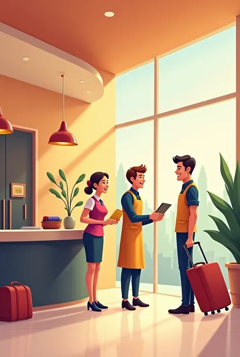 Receptionist in front desk, bell boy and housekeeper in modern hotel set up for module front page cartoon style without text logo