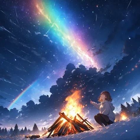 Girl having a bonfire,Stargazing,The girl is wearing a jumper,Very cold,winter,White breath comes out,Brown Hair,Short Bob,Smoke rises into the sky,Pointing at the sky,Rainbow Sky,night,Meteor Shower,masterpiece,Best Quality,Exquisite,8k,Absurd,Ultra-detai...