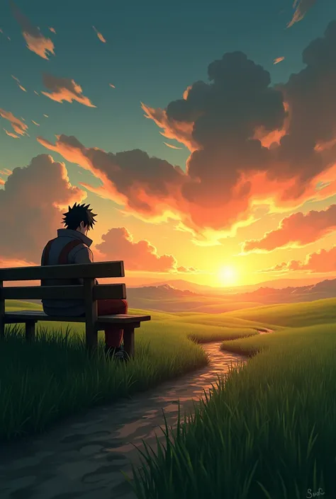 Sunset time,green field,muddy path, cinematic tons,a bench in green field and Obito Uchiha sitting on it watching sky 