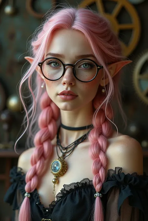 (Realisttic:1.2), analog photo style, Beautiful Elf woman, posing, with freckles and glasses and long pink hair braided, (steampunk dark fantasy atmosphere), soft natural light, cute and sexy, great quality, Masterpiece, detailed strange background, better...