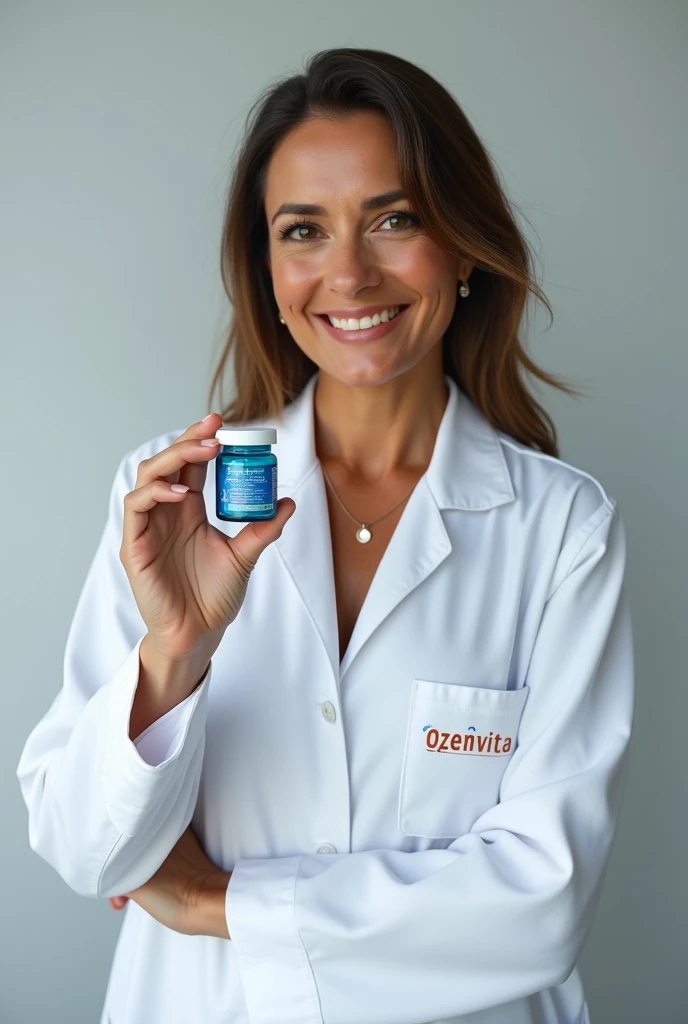 A brown woman in a white coat, written Tatiana&#39;s names, ozenpharma and capsul brasil holding a blue jar of about 5 centimeters with the name ozenvitta 