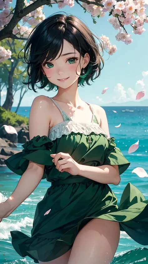 One beautiful and delicate portrait of a playful cute girl with short boyish hair, black hair, emerald green sea, mischievous smile, dancing petals, (top quality, masterpiece, ultra-realistic) and petals floating in the background