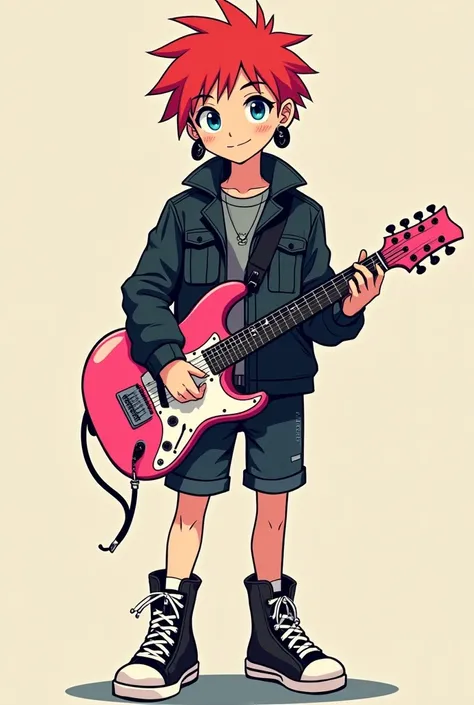 Please draw a two-dimensional anime style picture：Content is a Q version of a boy with red hair and blue eyes，Holding a dark pink electric guitar，With black diamond earrings on the right，Black hoop earring on left ear，Wearing a cool short leather jacket，Fu...