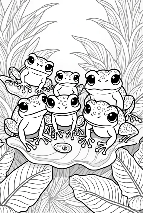 pretend you have been making coloring books for kids for 15 years. use the idea to create baby animals. draw a group of spotted tree frogs and make them tiny, with long fingers on multiple jungle leaves. with large, expressive eyes and a smooth, plump body...