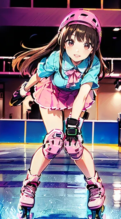 Best Quality、Smiling female junior high school student、(((Dark brown long hair、Round droopy eyes、Two Side Up、Pink Lips)))、((((High quality large pink inline skates、Knee and elbow protectors、Short sleeve blouse))))、Frilled Skirt、Playing at the skating rink