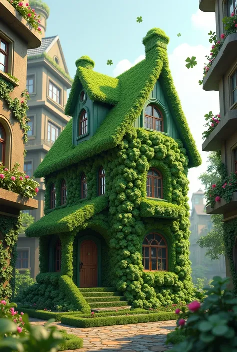 A house made of four-leaf clovers in the middle of a city with houses and buildings made of flowers realistic image 