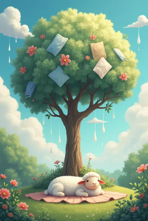 in a relaxing and beautiful garden there will be a tree that instead of leaves will have sleeping products (Like sheets and duvets) hanging from the tree; with light blue colors, beige and white. At the foot of the tree there will be a sheep lying down and...