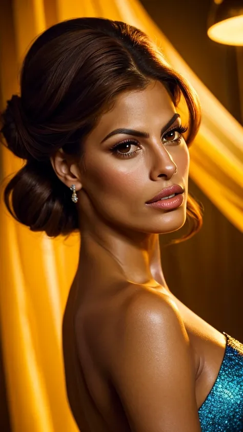 eva mendes, exquisite detailed facial features, high cheekbones, full lips, long lashes, glamorous hairstyle, flawless skin, elegant pose, dramatic lighting, cinematic camera angle, high fashion editorial, editorial style, vibrant colors, glossy, masterpie...