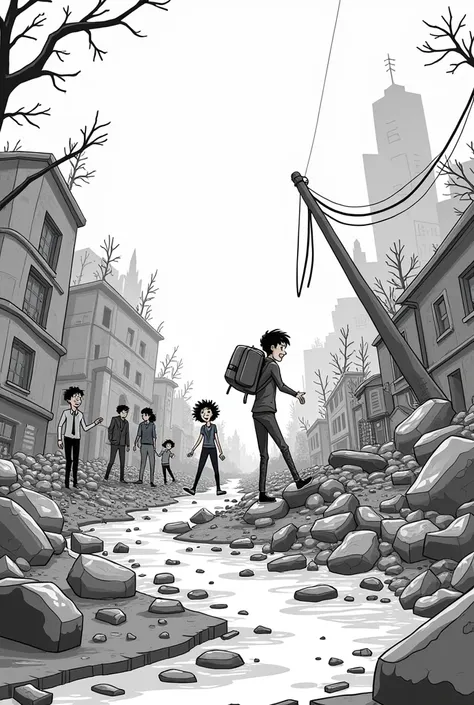 a black and white representation on the effects that disaster can bring ( cartoony)
