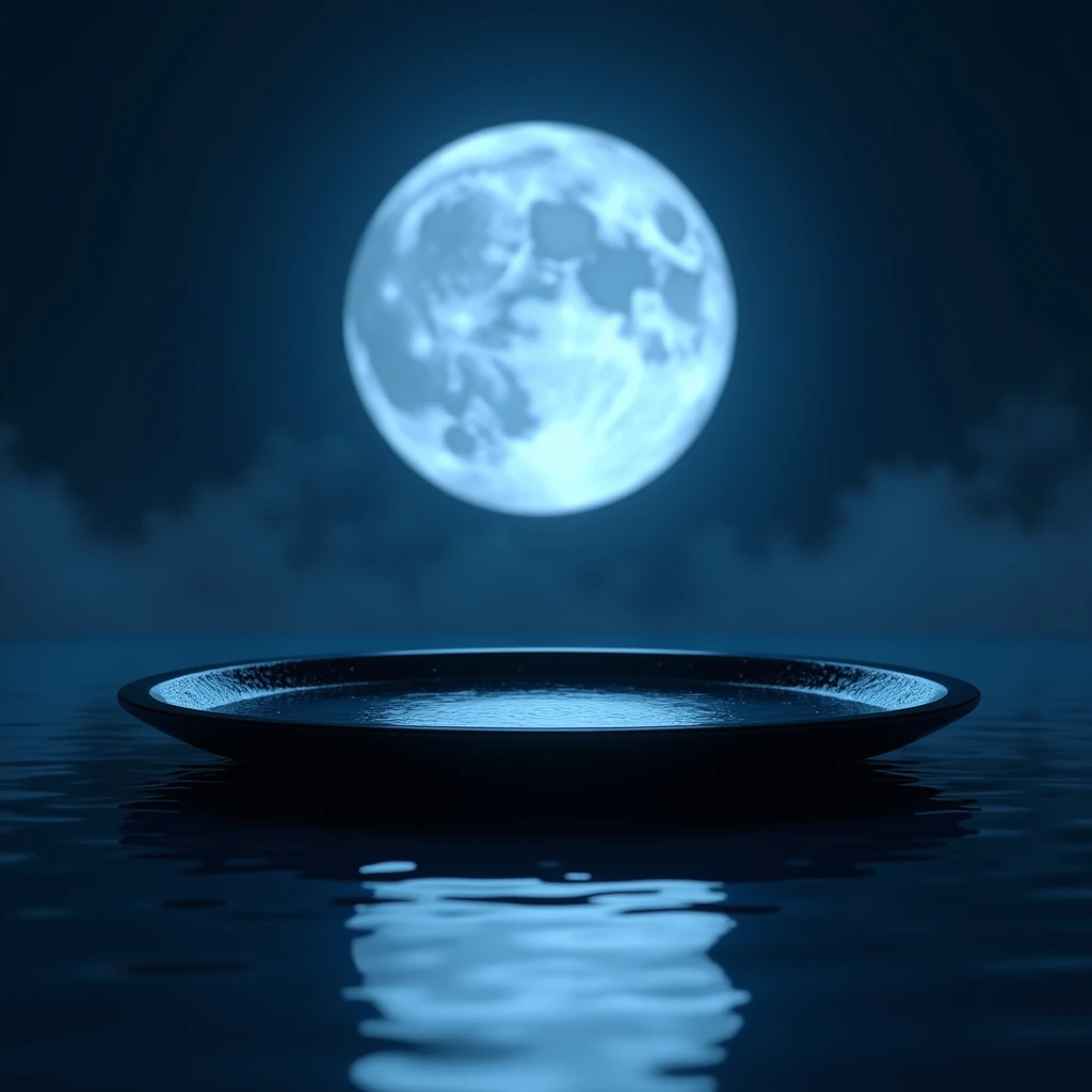 (water reflection, clear blue_moon, from above, close_up black lacquerware tray), night, traditional_japanese, still_life, serene, elegant, minimalist, symbolism