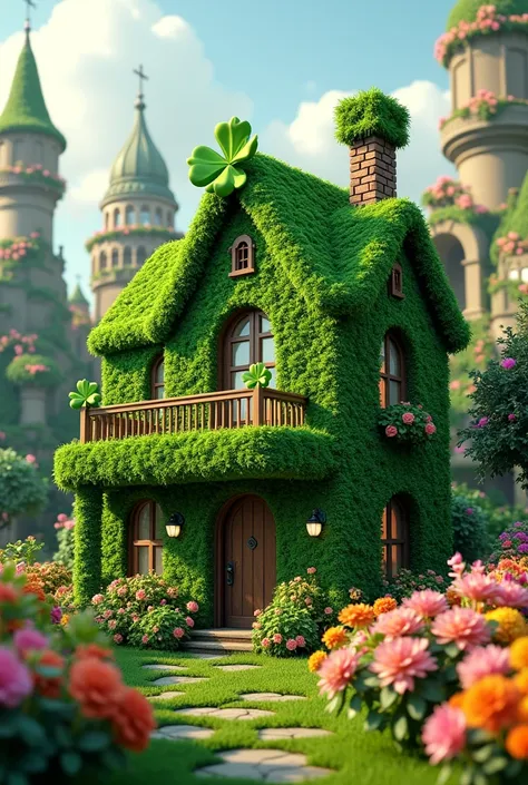 A house made of four-leaf clovers in the middle of a city with houses and buildings made of flowers image seaArte infinity 