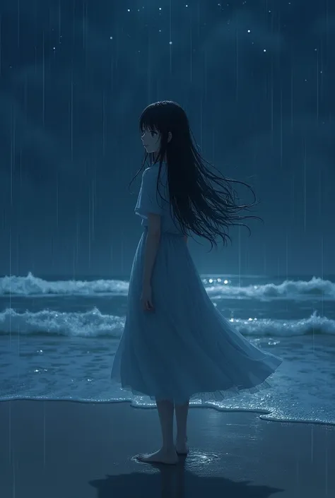 An anime girl under the night rain on the beach
 