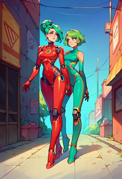 A green-haired, robotic woman stands motionless.,(There must be two people in the image),roadside,Beautiful face,Cyborg