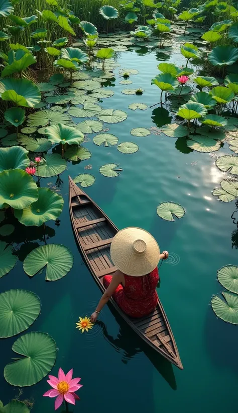 High-quality drone photography from above. Below is a clear swamp. with beautiful lotus flowers and water spinach  growing on half of it On the surface of the water is a Indonesianstyle canoe. There was a woman wearing a boat hat and picking lotus flowers....