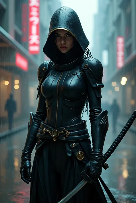 Woman with a katana, wear a helmet, open visor, black armor, Cyberpunk, rain, sad face