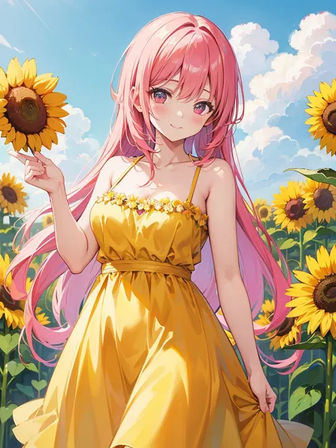 High resolution, masterpiece, Anatomically correct, Best Quality, One girl, Blushing, Look at, smile, Pink Hair, Simple Background、Yellow Dress、Sunflower