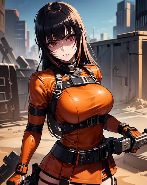 Magnificent, une fille, manga, agressive, regard hypnotisant, Magnificent, cyberpunk dressed, Mad Max, in the desert, apocalypse, sexy, badass, aesthetic, orange and black colors