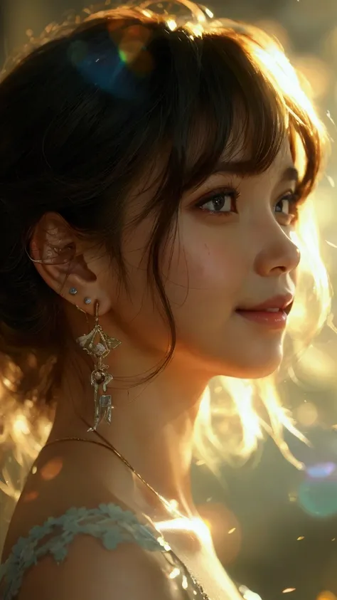 High resolution, Anatomically correct, Best Quality, Textured skin, chest, Earrings, A seductive smile, expression, Dutch Angle, Lens Flare, girl