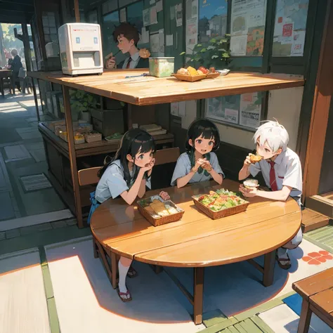 Illustrations for childrens picture books,realistic, detailed illustration,A lively town square filled with people of all ages, from children to elderly, some are wearing school uniform, eating japanese style bento boxes. sitting on chair near table, Their...