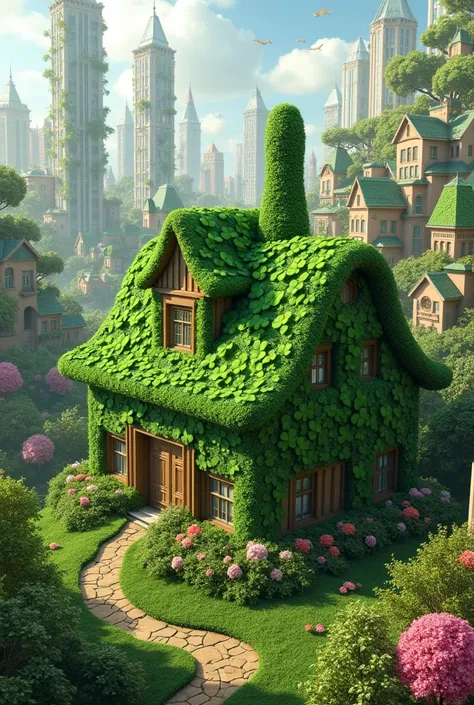 A house made of four-leaf clovers in the middle of a city with houses and buildings made of flowers realistic view 