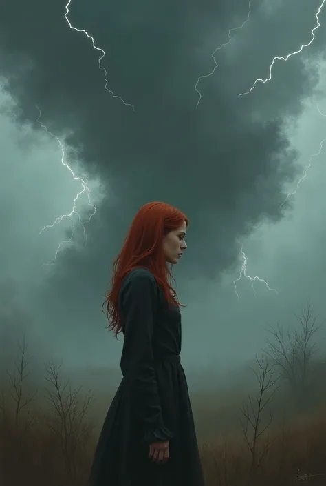 A sad redheaded woman, a big gray cloud and lightning overhead, in the background a whole bunch of blurry thoughts