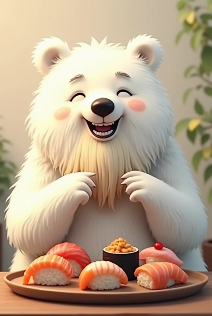 A very happy bearded white bear eating sushi 