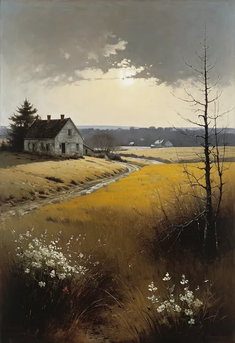 this is andrew wyeth - the art of andrew wyeth - with a muted floral palette and dry brush technique that creates a sense of cal...