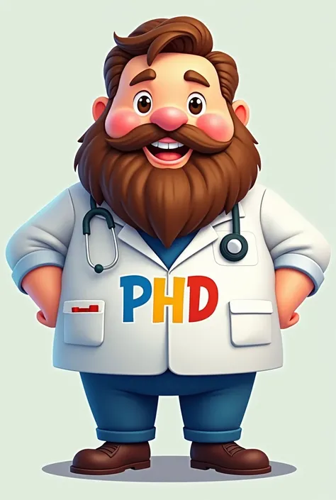 create a fat hero with a beard 
in the emoji style to be a pharmacy mascot, with the colors blue, yellow and red, written on the chest PHD