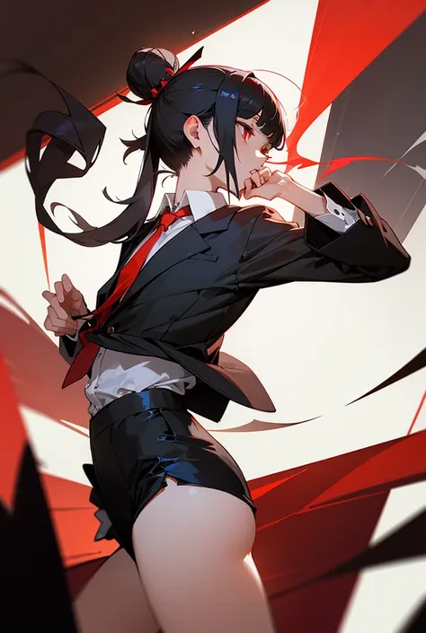 masterpiece,solo, One girl, ambiguous gender,crossdressing, wearing a white shirt,red tie,black shorts,long black hair,bangs,side taill,side hair bun,Look at, Red eyes, smoking tabacco,coffee,weed