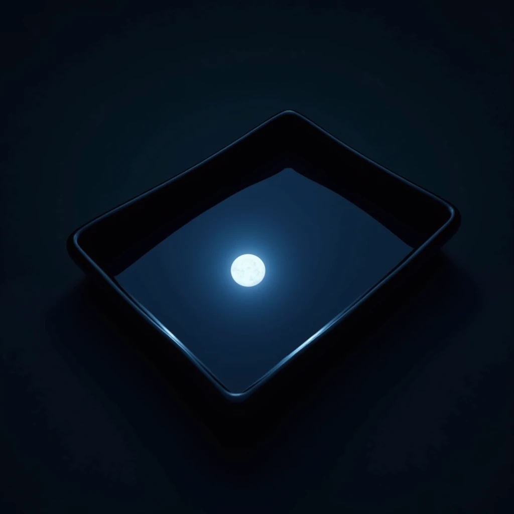 background black lacquerware tray, (water reflection, close_up clear blue_moon, from above), night, traditional_japanese, still_life, serene, elegant, minimalist, symbolism